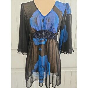Blue & Black Sheer Chiffon Beaded Empire Waist Tunic Blouse Boho Flutter Sleeve